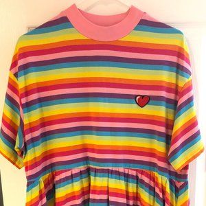 NWT Lazy Oaf Rainbow Striped Heart Embroidery Sally T-shirt Dress
